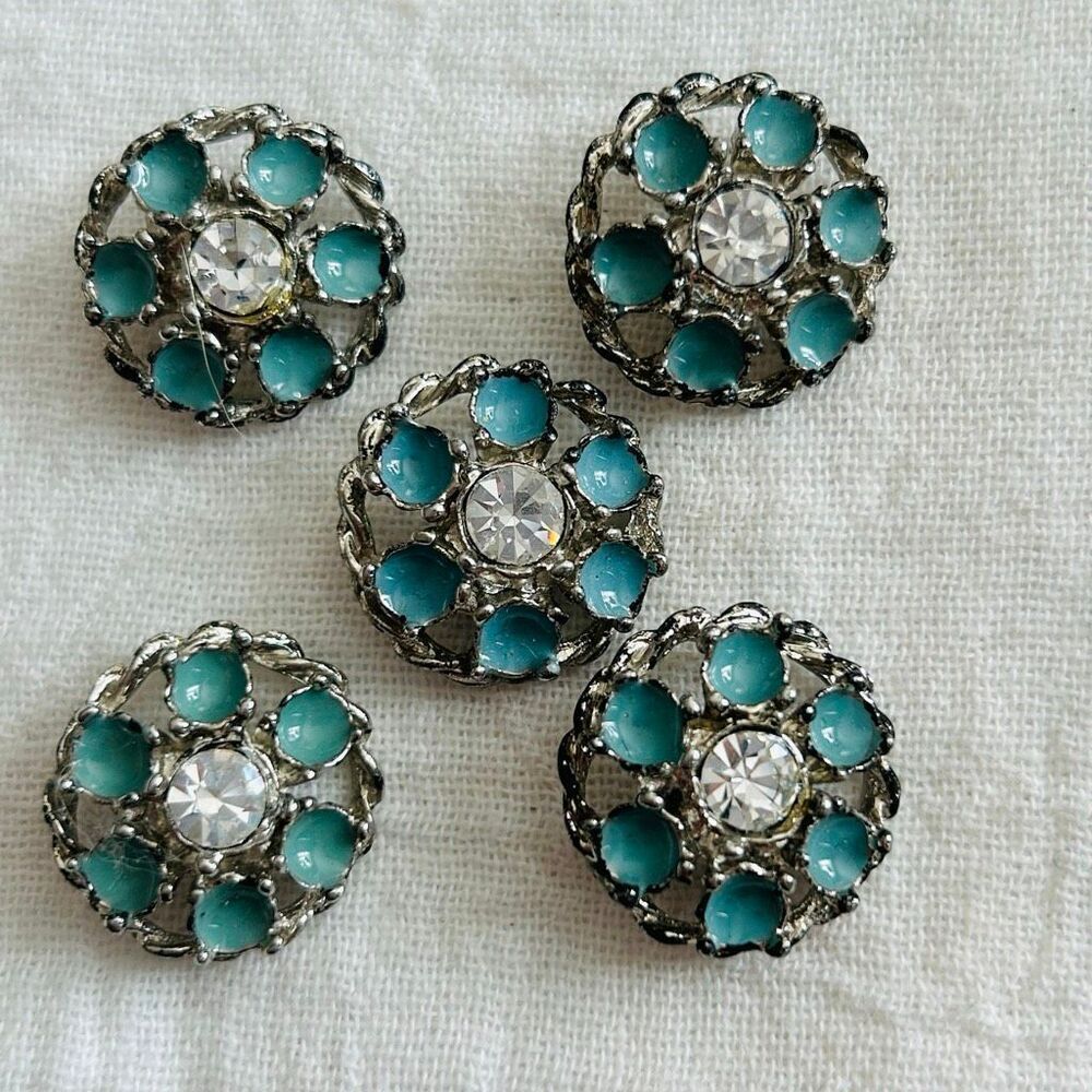 5 Silver Rhinestone and Blue Enamel Buttons 7/8”